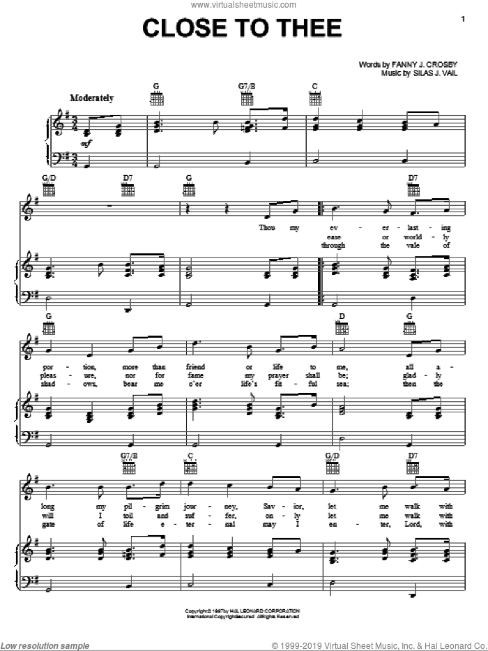 Close To Thee sheet music for voice, piano or guitar by Fanny J. Crosby and Silas J. Vail, intermediate skill level