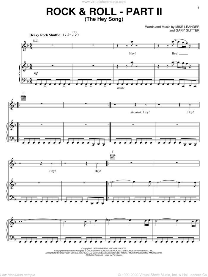 Rock and Roll - Part II (The Hey Song) sheet music for voice, piano or guitar by Gary Glitter and Mike Leander, intermediate skill level