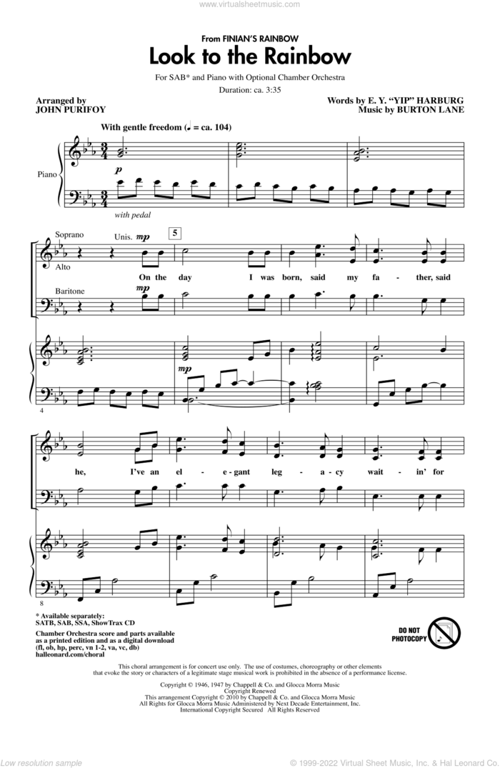 Look To The Rainbow (from Finian's Rainbow) sheet music for choir (SAB: soprano, alto, bass) by Burton Lane, E.Y. Harburg and John Purifoy, intermediate skill level