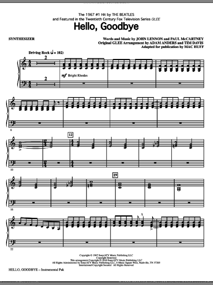 Hello, Goodbye (complete set of parts) sheet music for orchestra/band (Rhythm) by Paul McCartney, John Lennon, Adam Anders, Glee Cast, Mac Huff, Miscellaneous, The Beatles and Tim Davis, intermediate skill level