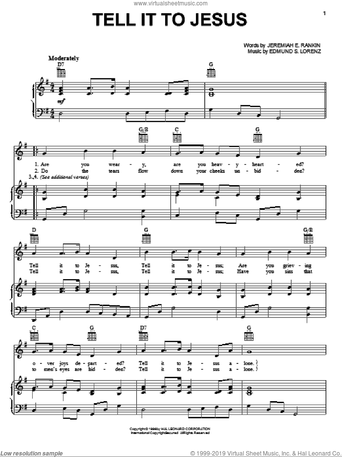 Tell It To Jesus sheet music for voice, piano or guitar by Jeremiah E. Rankin and Edmund S. Lorenz, intermediate skill level