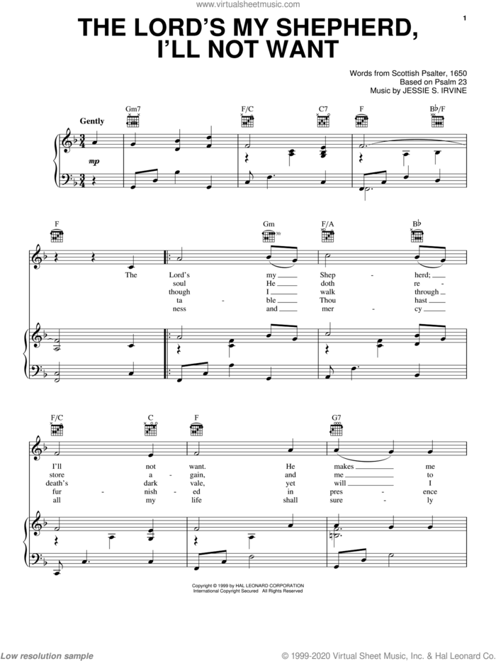 The Lord's My Shepherd, I'll Not Want sheet music for voice, piano or guitar by Jessie S. Irvine and Scottish Psalter, intermediate skill level