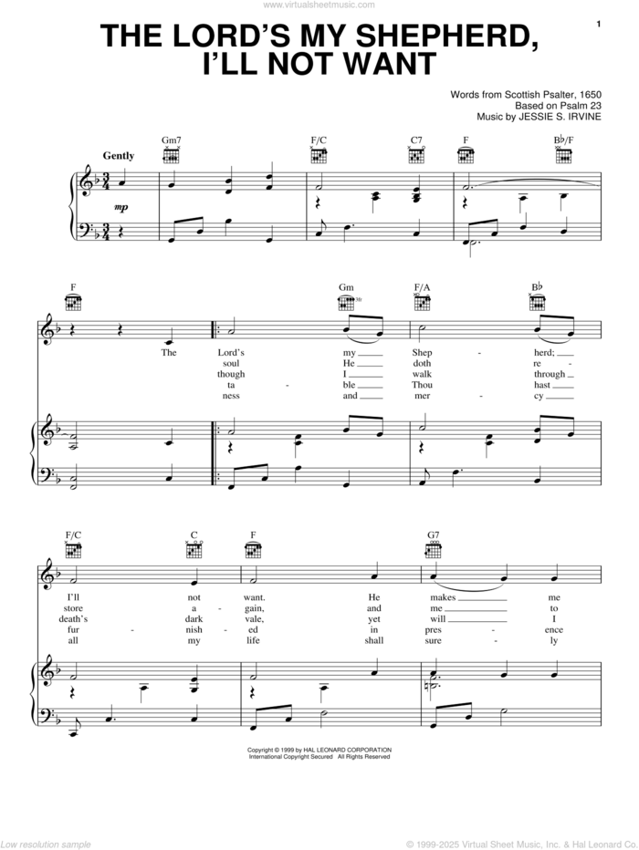 The Lord's My Shepherd, I'll Not Want sheet music for voice, piano or guitar by Jessie S. Irvine and Scottish Psalter, intermediate skill level