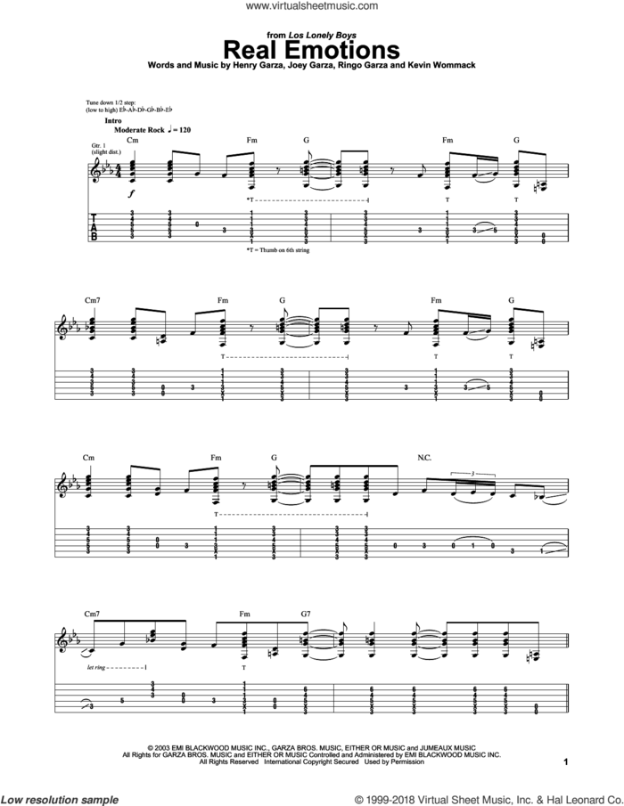 Real Emotions sheet music for guitar (tablature) by Los Lonely Boys, Henry Garza, Joey Garza, Kevin Wommack and Ringo Garza, intermediate skill level