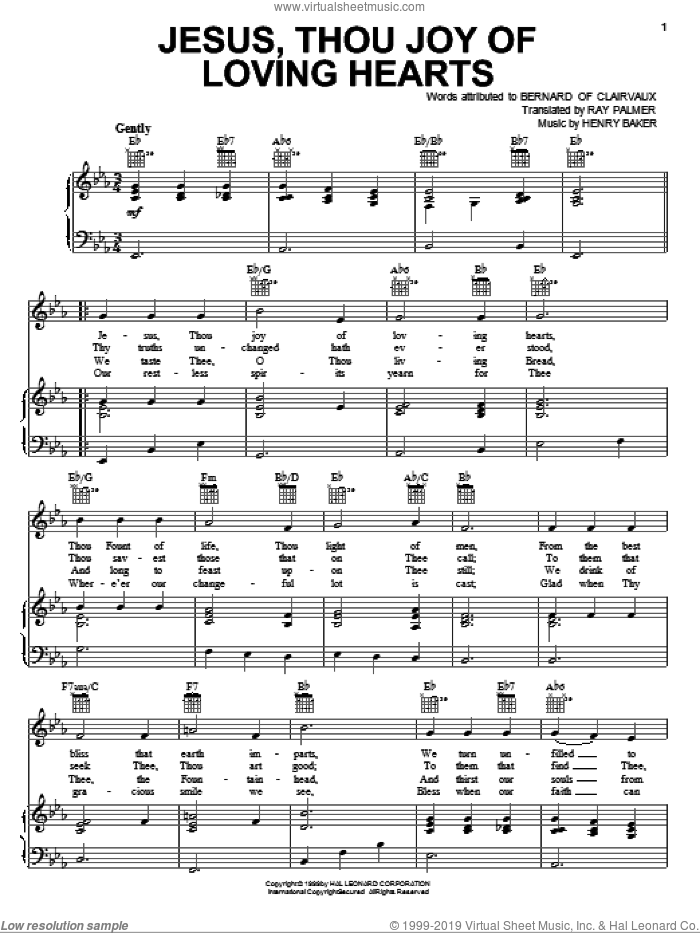 Jesus, Thou Joy Of Loving Hearts sheet music for voice, piano or guitar by Bernard of Clairvaux, Henry Baker and Ray Palmer, intermediate skill level