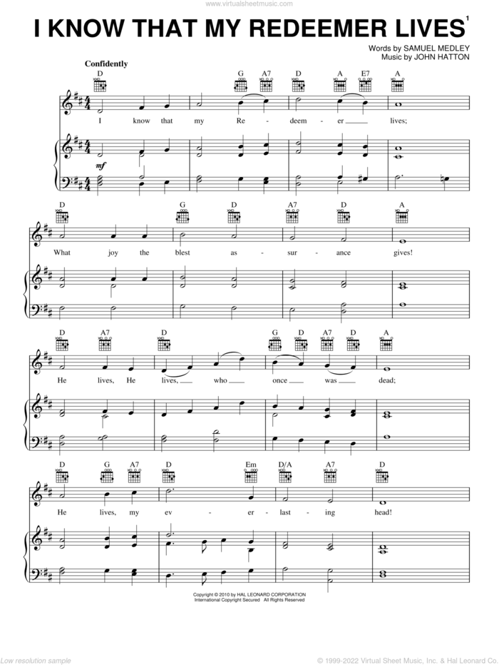 I Know That My Redeemer Lives sheet music for voice, piano or guitar by Samuel Medley and John Hatton, intermediate skill level