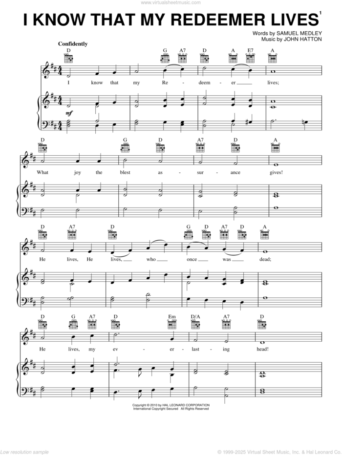 I Know That My Redeemer Lives sheet music for voice, piano or guitar by Samuel Medley and John Hatton, intermediate skill level