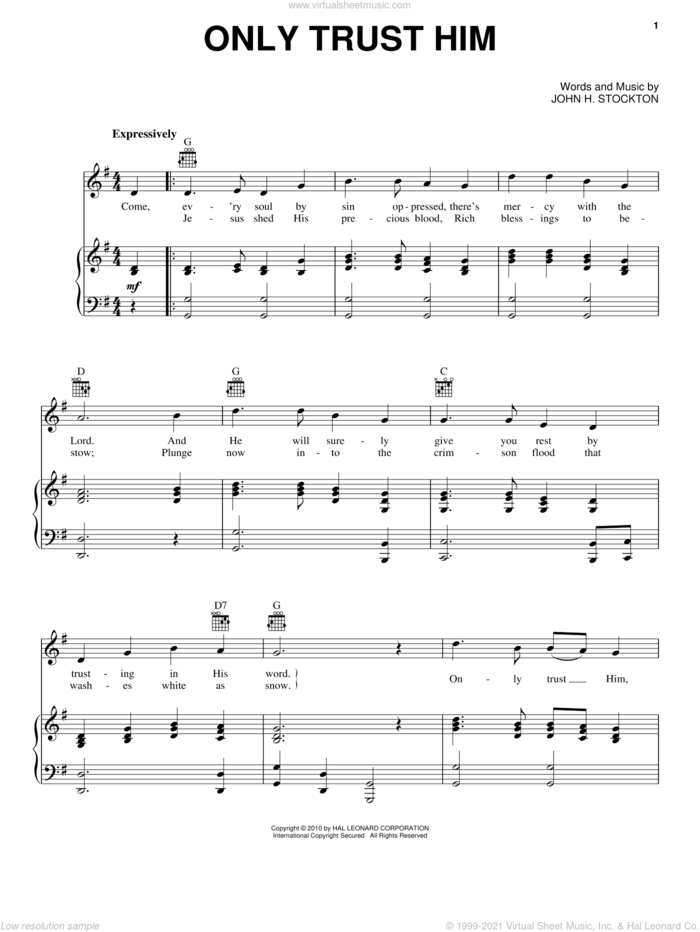 Only Trust Him sheet music for voice, piano or guitar by John H. Stockton, intermediate skill level