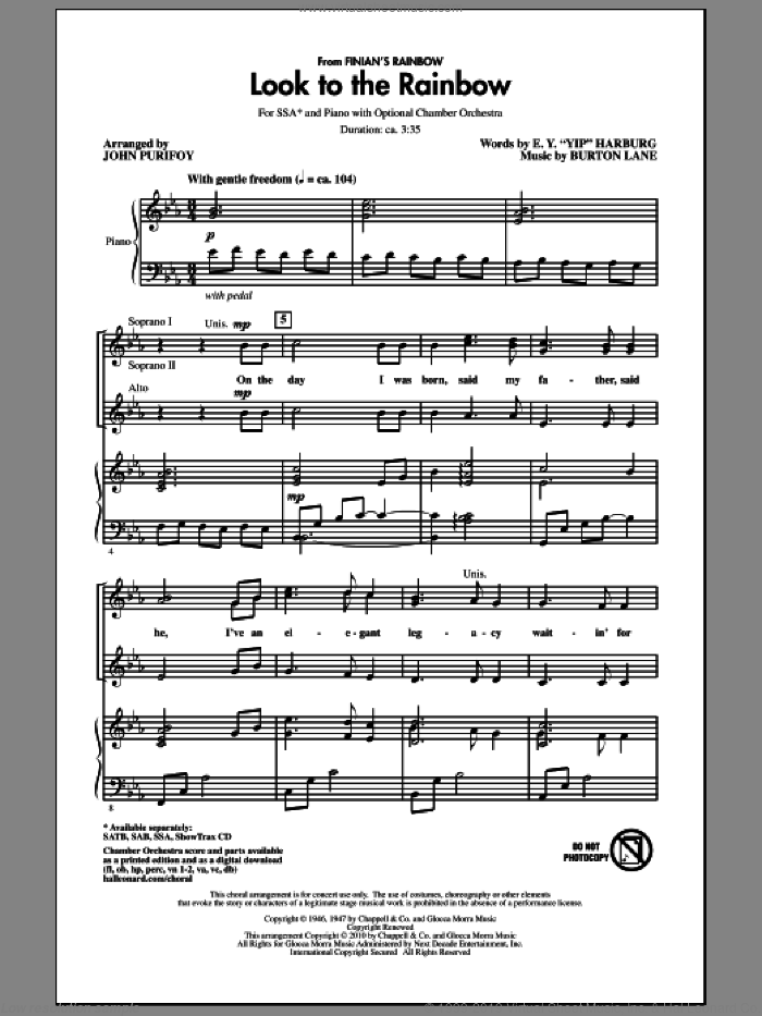 Look To The Rainbow (from Finian's Rainbow) sheet music for choir (SSA: soprano, alto) by Burton Lane, E.Y. Harburg and John Purifoy, intermediate skill level