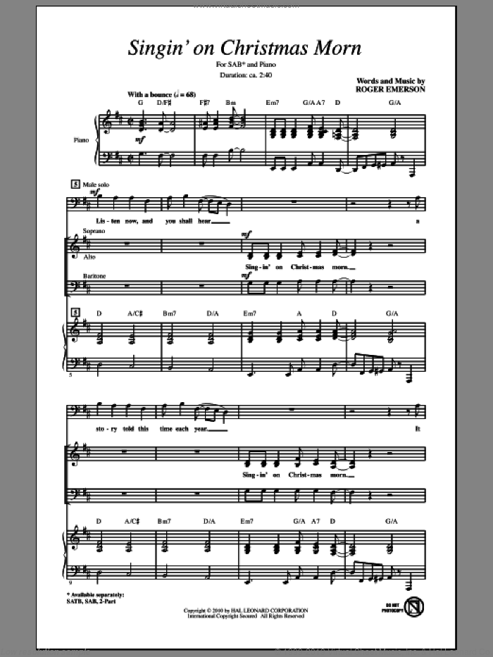 Singin' On Christmas Morn sheet music for choir (SAB: soprano, alto, bass) by Roger Emerson, intermediate skill level