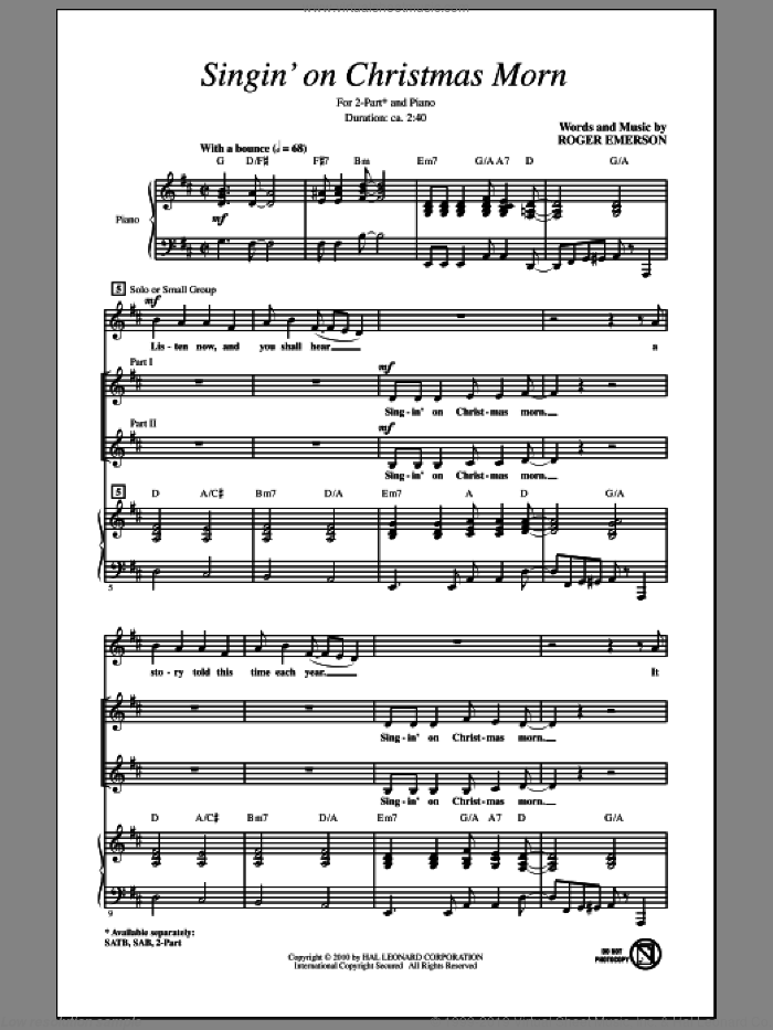 Singin' On Christmas Morn sheet music for choir (2-Part) by Roger Emerson, intermediate duet