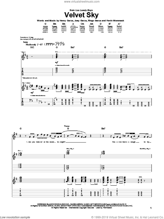 Velvet Sky sheet music for guitar (tablature) by Los Lonely Boys, Henry Garza, Joey Garza, Kevin Wommack and Ringo Garza, intermediate skill level