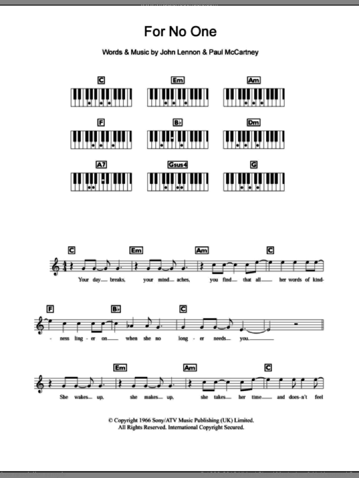 For No One sheet music for piano solo (chords, lyrics, melody) by The Beatles, John Lennon and Paul McCartney, intermediate piano (chords, lyrics, melody)