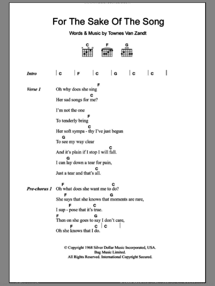 For The Sake Of The Song sheet music for guitar (chords) by Townes Van Zandt, intermediate skill level