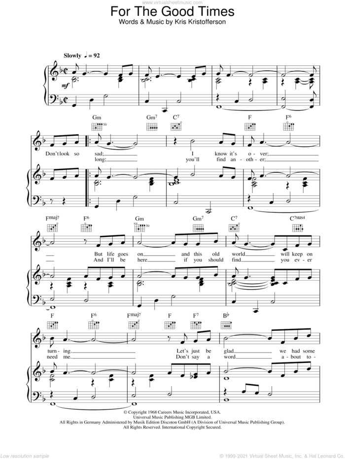 For The Good Times sheet music for voice, piano or guitar by Kris Kristofferson, intermediate skill level