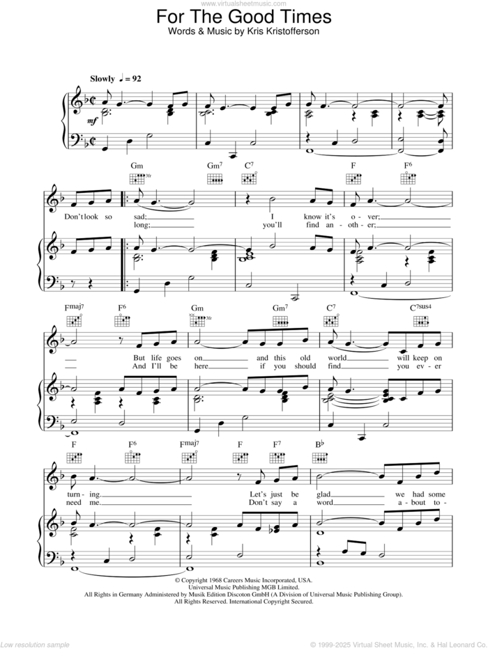 For The Good Times sheet music for voice, piano or guitar by Kris Kristofferson, intermediate skill level