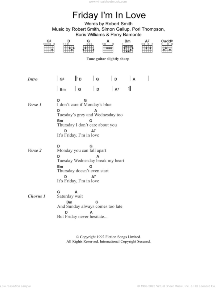 Friday I'm In Love sheet music for guitar (chords) by The Cure, Boris Williams, Perry Bamonte, Porl Thompson, Robert Smith and Simon Gallup, intermediate skill level