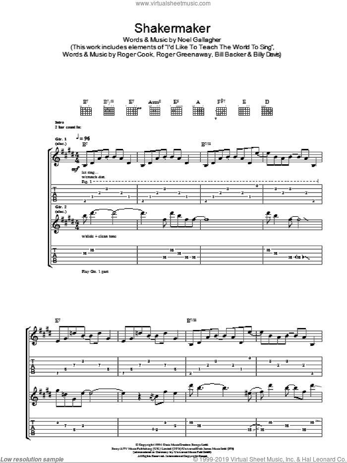 Shakermaker sheet music for guitar (tablature) by Oasis and Noel Gallagher, intermediate skill level