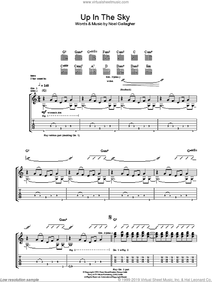 Up In The Sky sheet music for guitar (tablature) by Oasis and Noel Gallagher, intermediate skill level