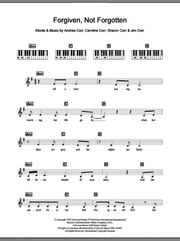 Forgiven, Not Forgotten sheet music for piano solo (chords, lyrics, melody) by The Corrs, Andrea Corr, Caroline Corr, Jim Corr and Sharon Corr, intermediate piano (chords, lyrics, melody)