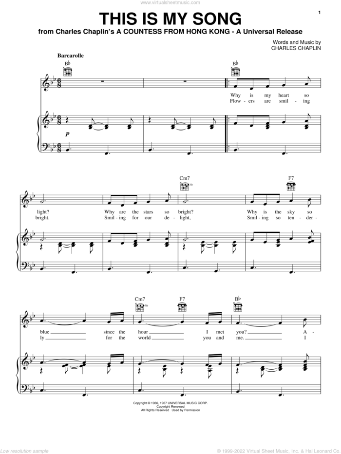 This Is My Song sheet music for voice, piano or guitar by Petula Clark and Charles Chaplin, intermediate skill level