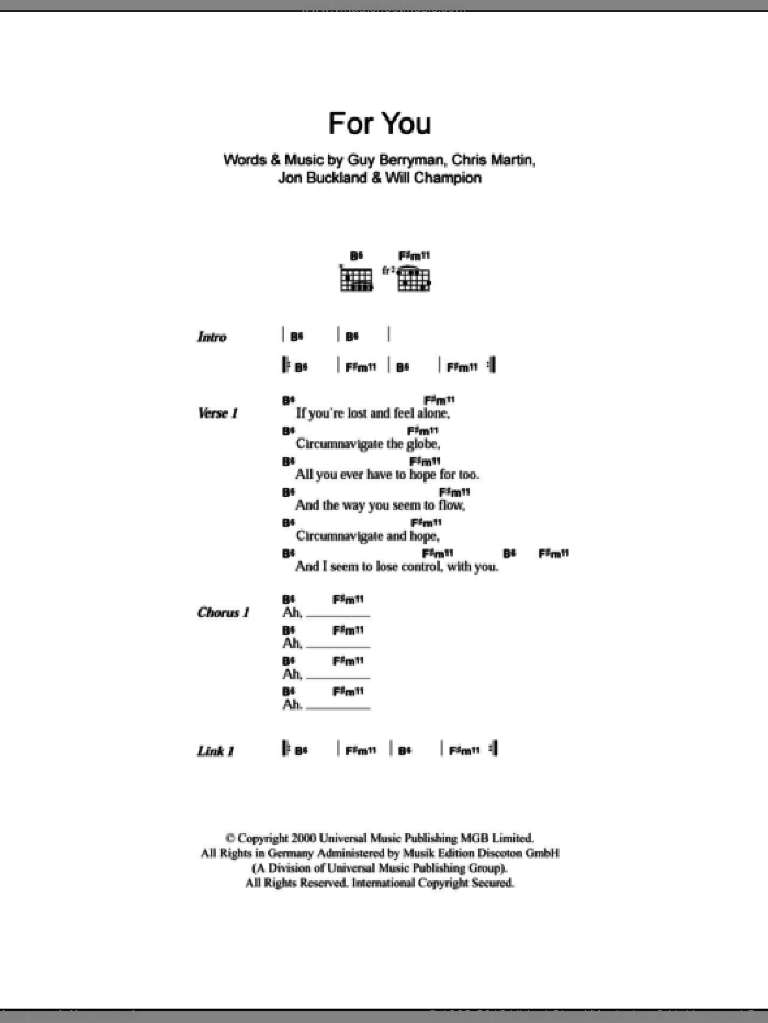 For You sheet music for guitar (chords) by Coldplay, Chris Martin, Guy Berryman, Jon Buckland and Will Champion, intermediate skill level