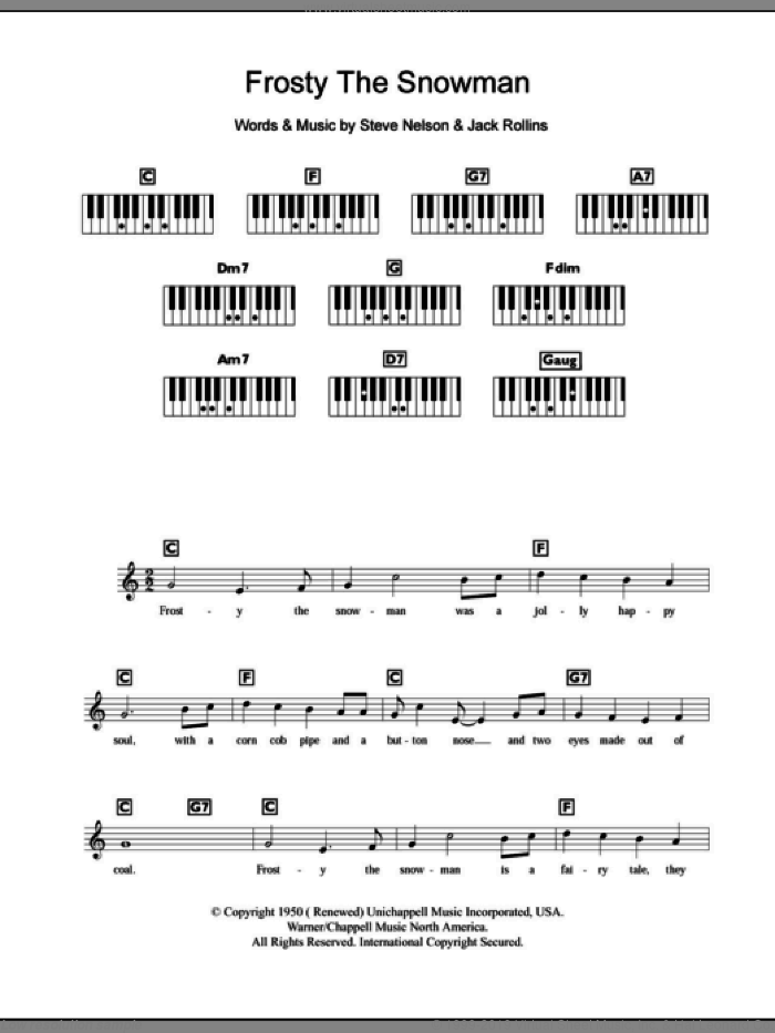 Frosty The Snow Man sheet music for piano solo (chords, lyrics, melody) by Gene Autry, Jack Rollins and Steve Nelson, intermediate piano (chords, lyrics, melody)