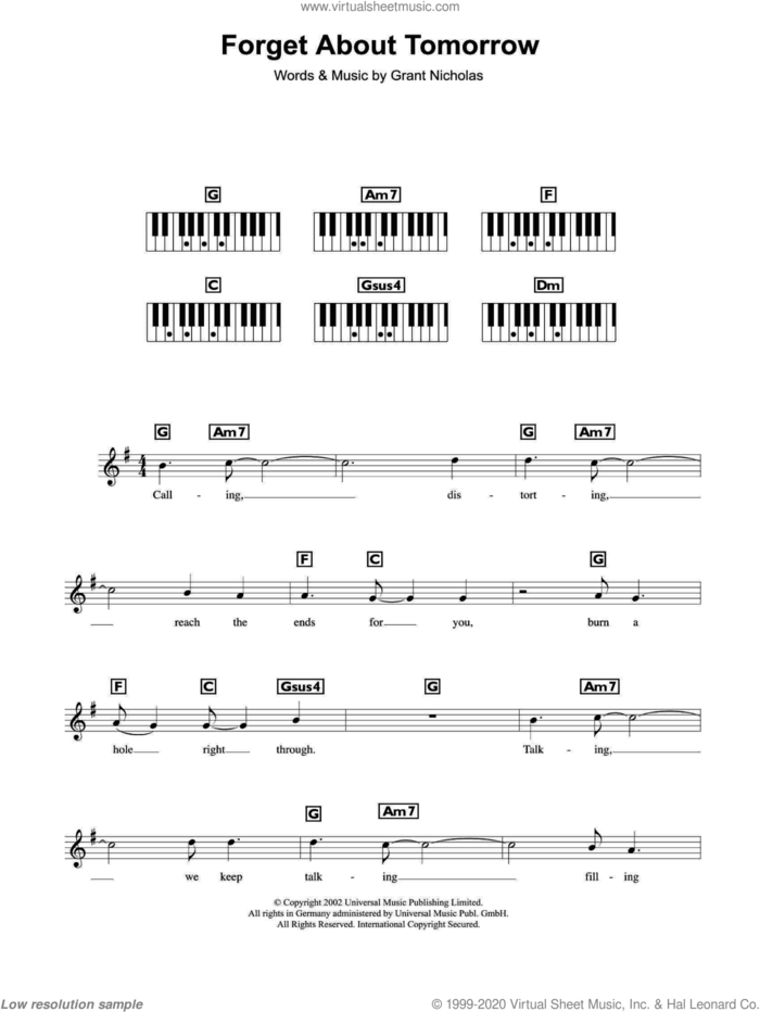 Forget About Tomorrow sheet music for piano solo (chords, lyrics, melody) by Feeder and Grant Nicholas, intermediate piano (chords, lyrics, melody)