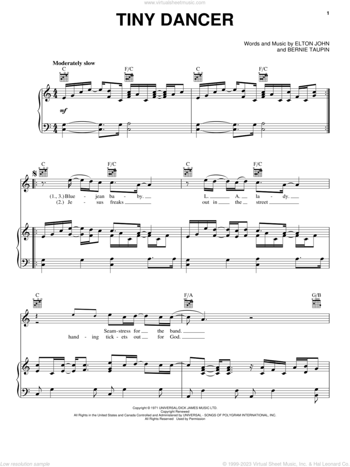 Tiny Dancer sheet music for voice, piano or guitar by Elton John and Bernie Taupin, intermediate skill level