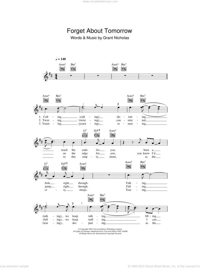 Forget About Tomorrow sheet music for voice and other instruments (fake book) by Feeder and Grant Nicholas, intermediate skill level