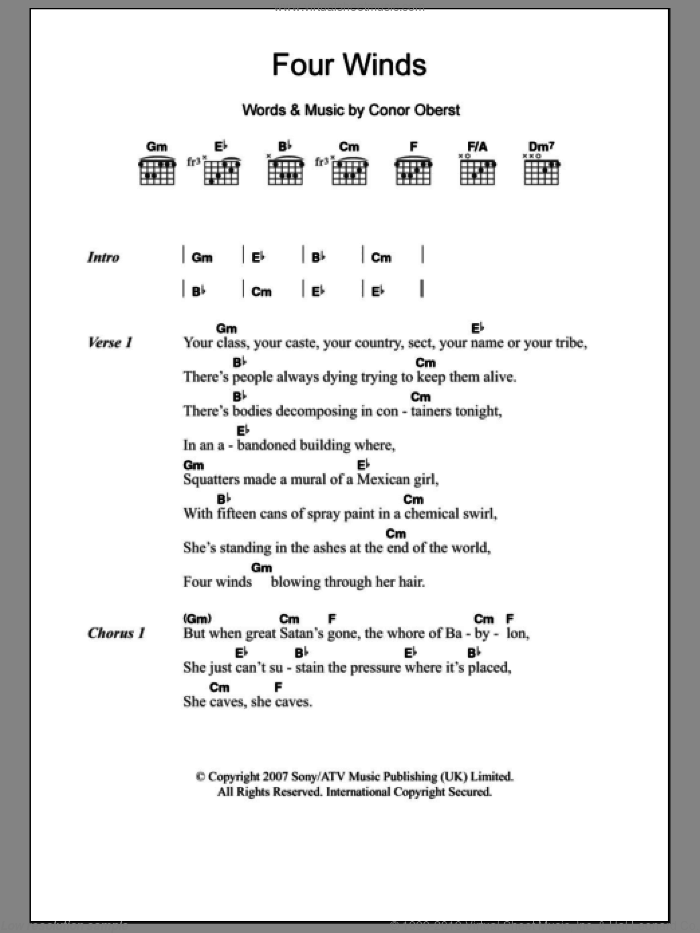 Four Winds sheet music for guitar (chords) by The Killers, Bright Eyes and Conor Oberst, intermediate skill level
