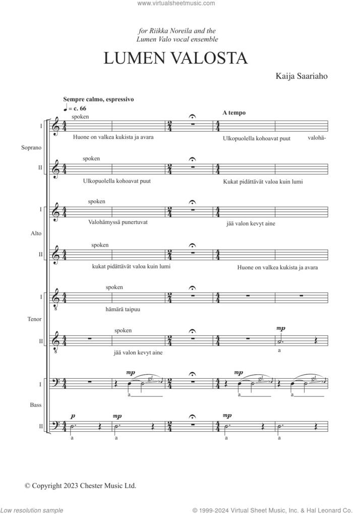 Lumen Valosta sheet music for choir (SSAATTBB) by Kaija Saariaho, classical score, intermediate skill level