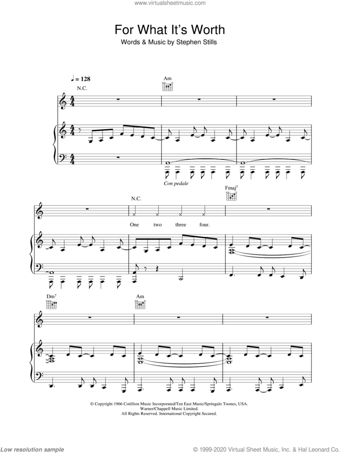 For What It's Worth sheet music for piano solo by Buffalo Springfield and Stephen Stills, easy skill level