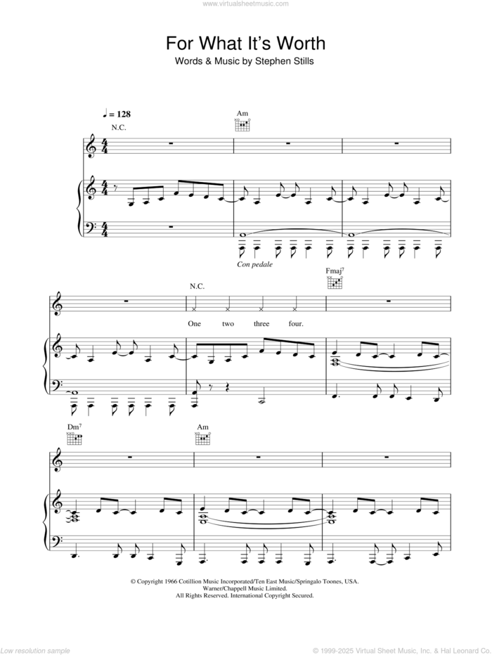 For What It's Worth sheet music for piano solo by Buffalo Springfield and Stephen Stills, easy skill level