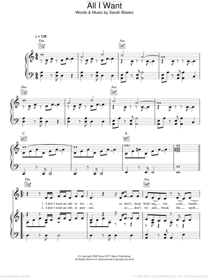 All I Want sheet music for voice, piano or guitar by Sarah Blasko, intermediate skill level