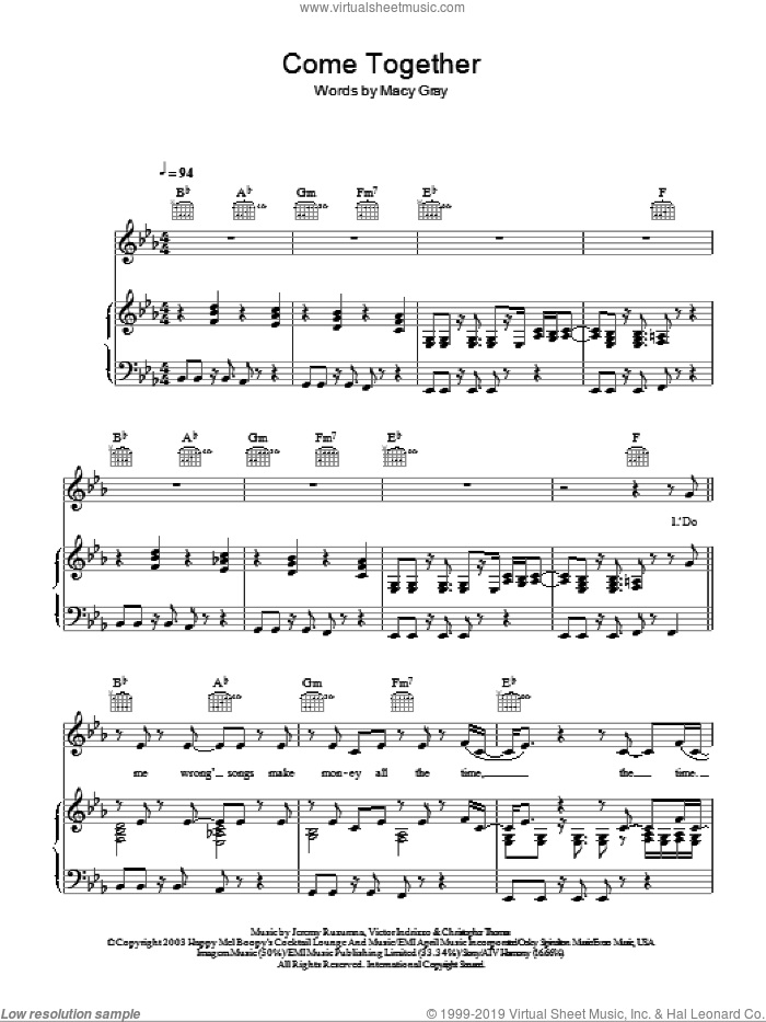 Come Together sheet music for voice, piano or guitar by Macy Gray, Christopher Thomas, Jeremy Ruzumna and Victor Indrizzo, intermediate skill level