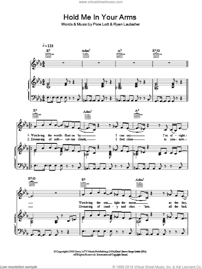 Hold Me In Your Arms sheet music for voice, piano or guitar by Pixie Lott and Ryan Laubscher, intermediate skill level