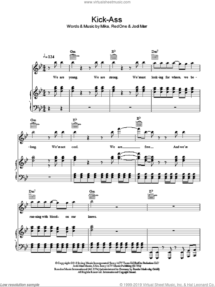 Kick Ass sheet music for voice, piano or guitar by Mika Vs. RedOne, Jodi Marr, Mika and RedOne, intermediate skill level