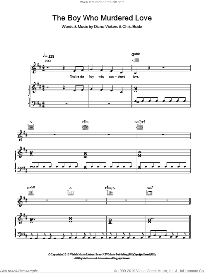 The Boy Who Murdered Love sheet music for voice, piano or guitar by Diana Vickers and Chris Braide, intermediate skill level