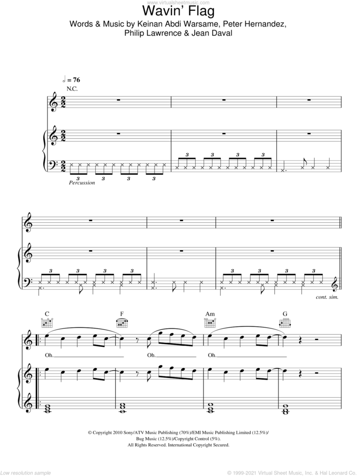Wavin' Flag (Coca-Cola Celebration Mix) (2010 FIFA World Cup Anthem) sheet music for voice, piano or guitar by K'naan, Jean Daval, Keinan Abdi Warsame, Peter Hernandez and Philip Lawrence, intermediate skill level