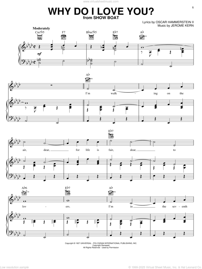 Why Do I Love You? sheet music for voice, piano or guitar by Jerome Kern, Charlie Parker, Edith Day, Show Boat (Musical) and Oscar II Hammerstein, wedding score, intermediate skill level