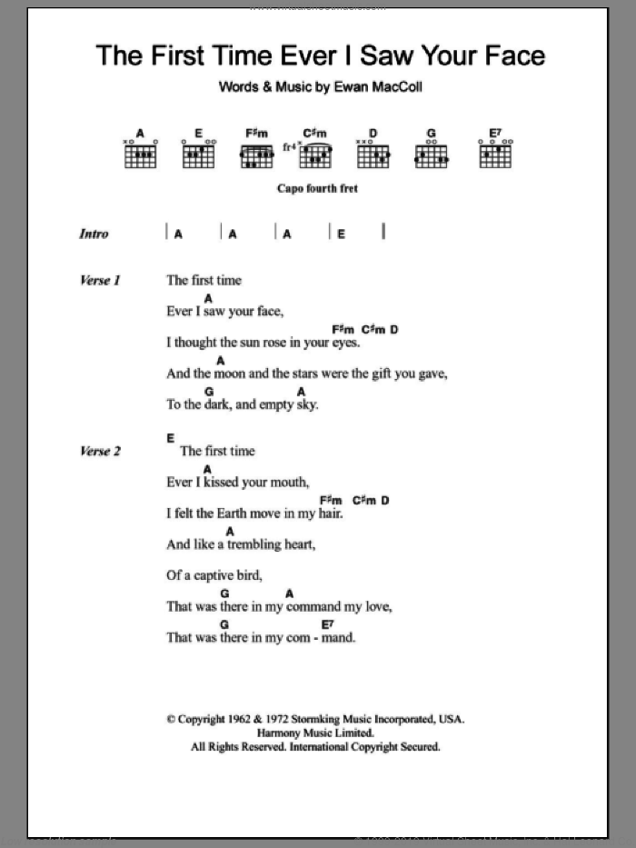 The First Time Ever I Saw Your Face sheet music for guitar (chords) by Alison Moyet and Ewan MacColl, intermediate skill level