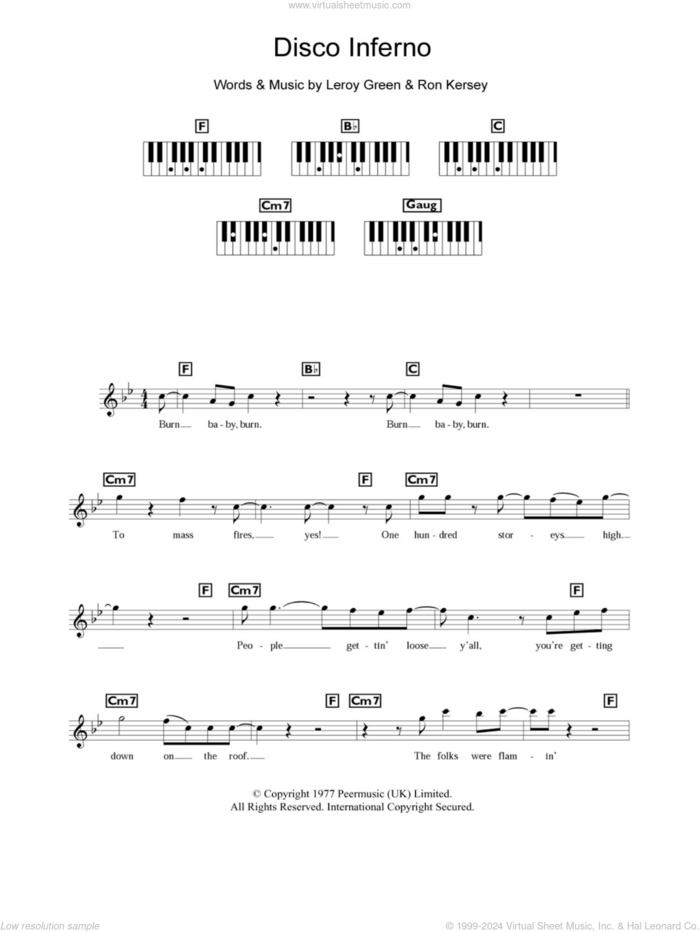 Disco Inferno sheet music for piano solo (chords, lyrics, melody) by The Trammps, Leroy Green and Ron Kersey, intermediate piano (chords, lyrics, melody)