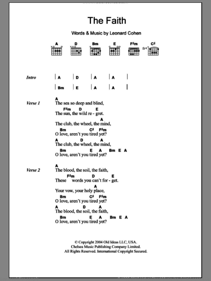 The Faith sheet music for guitar (chords) by Leonard Cohen, intermediate skill level