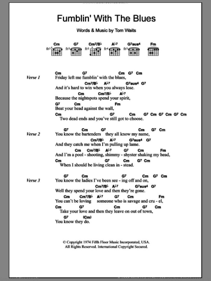 Fumblin' With The Blues sheet music for guitar (chords) by Tom Waits, intermediate skill level