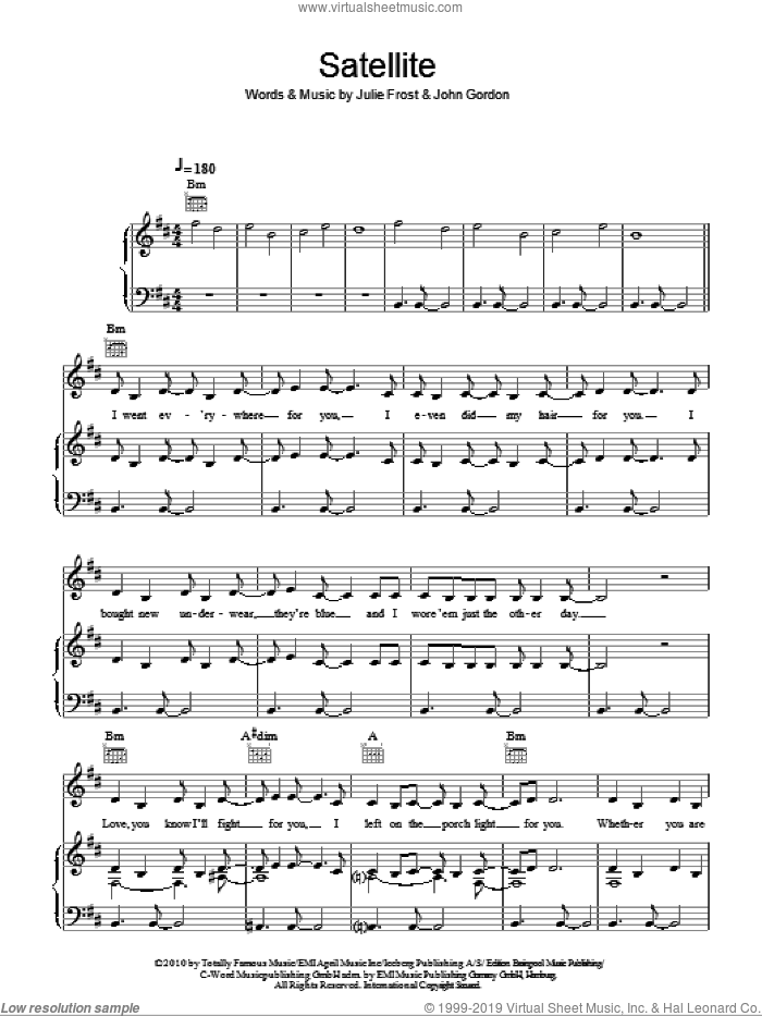 Satellite sheet music for voice, piano or guitar by Lena Meyer-Landrut, John Gordon and Julie Frost, intermediate skill level