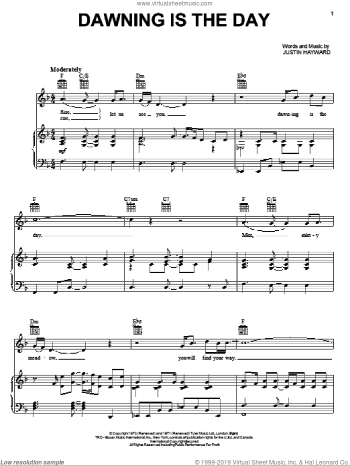Dawning Is The Day sheet music for voice, piano or guitar by The Moody Blues and Justin Hayward, intermediate skill level