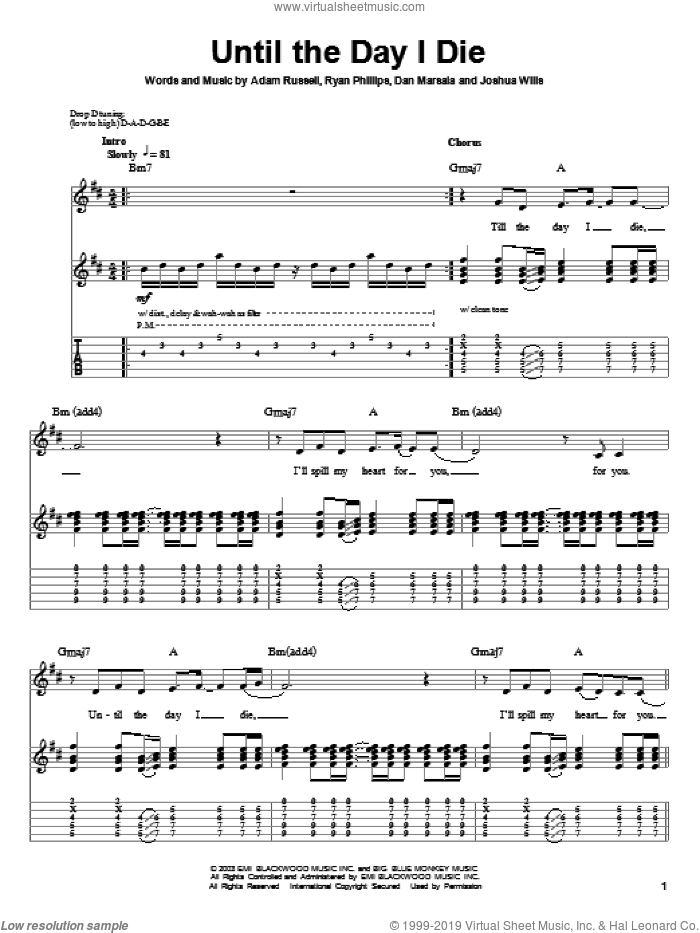 Until The Day I Die sheet music for guitar (tablature, play-along) by Story Of The Year, Adam Russell, Dan Marsala, Joshua Wills and Ryan Phillips, intermediate skill level