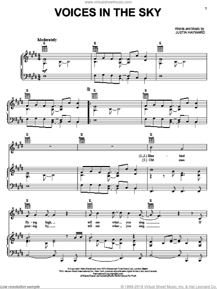 Voices In The Sky sheet music for voice, piano or guitar by The Moody Blues and Justin Hayward, intermediate skill level