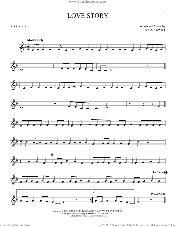 Love Story sheet music for recorder solo by Taylor Swift, intermediate skill level